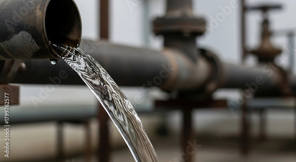 Obraz Clear water flowing from a rusty metal pipe, illustrating water supply, industrial processes, or resource management