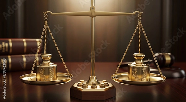 Obraz Golden scales of justice with weights and books in the background, symbolizing law and legal system