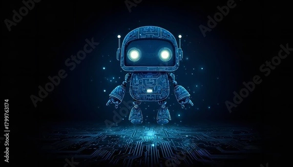 Obraz Futuristic robot with glowing eyes stands on a circuit board floor in a dark digital space showcasing advanced technology and ai