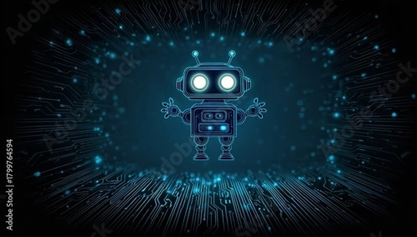 Obraz Futuristic robot with glowing eyes stands on a circuit board background representing artificial intelligence and technological advancement