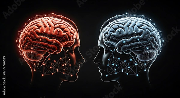 Obraz Two glowing human brains, one red and one blue, facing each other in profile against a dark background, symbolizing connection and thought processes