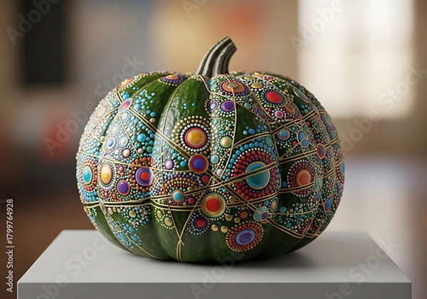 Obraz A vibrantly decorated pumpkin adorned with colorful mosaic patterns and intricate beadwork, displayed on a pedestal in a softly lit room