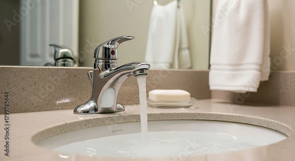 Obraz Closeup of a modern chrome faucet with running water flowing into a clean white sink, with a bar of soap and a white towel in the background