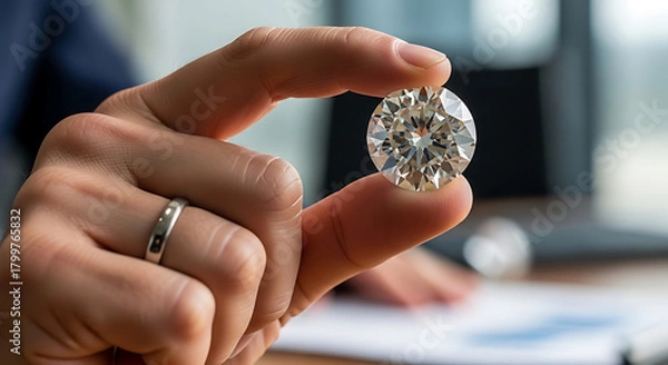 Obraz A persons hand, wearing a silver ring, holds a large, sparkling, brilliantcut diamond between their thumb and index finger, with a blurred office background