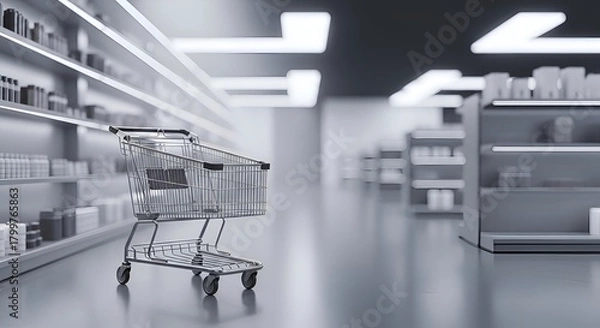 Fototapeta Empty Shopping Cart Positioned in a Modern, Minimalist Store Aisle