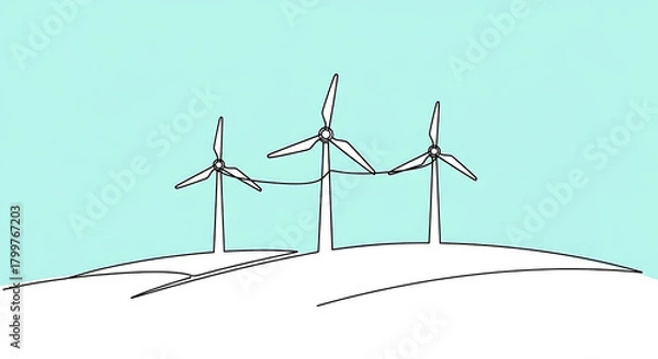 Obraz Three wind turbines on a hill, drawn in a minimalist continuous line art style with a light blue background, symbolizing renewable energy and environmental sustainability