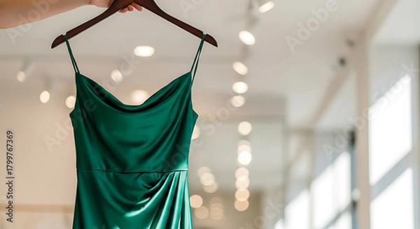 Obraz A luxurious emerald green satin slip dress with cowl neck and draped detailing, hanging on a wooden hanger in a boutique or store, with soft bokeh lighting in the background