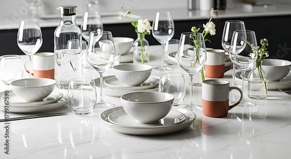Fototapeta Elegant table setting with coffee cups and wine glasses