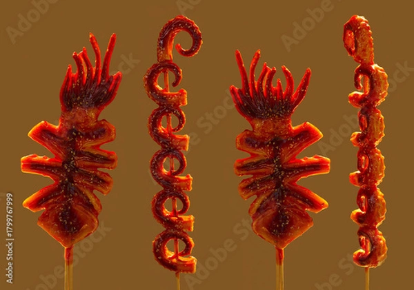Fototapeta Grilled squid tentacle skewers coated in spicy, glossy mala sauce in a Chinese street-food style
