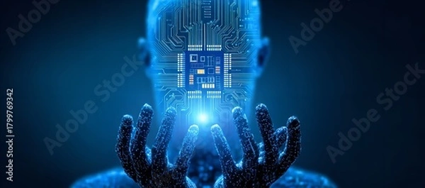 Obraz Futuristic ai figure with glowing circuit board brain and hands representing artificial intelligence and technological advancement