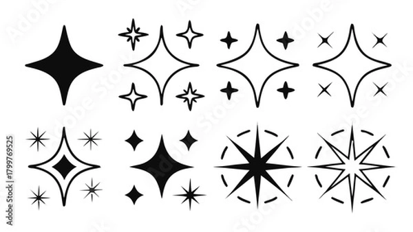 Fototapeta Collection of varied starburst and sparkle shapes in black and white vector illustration set design vreated with genrated ai