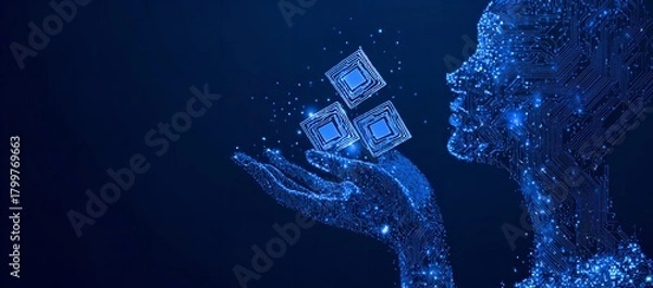 Obraz Digital hand holding microchips with a human head silhouette representing artificial intelligence and technological advancement concept