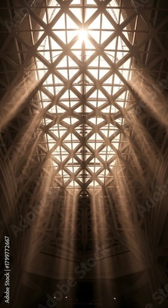 Obraz Architectural shot of a geometric ceiling with sunlight streaming through the diamond-shaped openings, creating dramatic light rays and shadows.