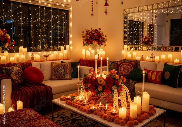 Obraz A beautifully decorated living room interior illuminated by numerous candles and string lights, creating a warm and festive ambiance for a celebration
