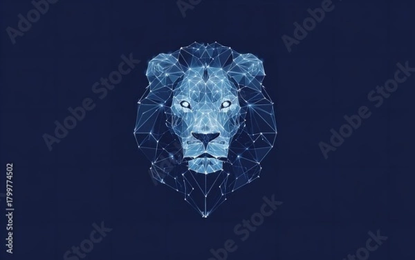 Obraz Geometric lion head illustration with glowing lines and dots on a dark blue background perfect for modern designs and digital art