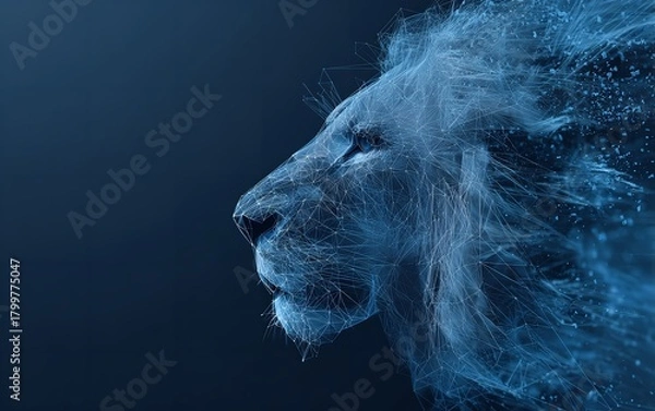 Obraz Digital lion head illustration with geometric lines on a dark blue background symbolizing strength power and modern technology design