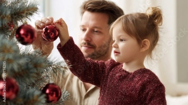 Fototapeta In a warm and inviting living room, a father and his young daughter are joyfully decorating their Christmas tree. They carefully hang shiny red ornaments, surrounded by holiday cheer and warmth