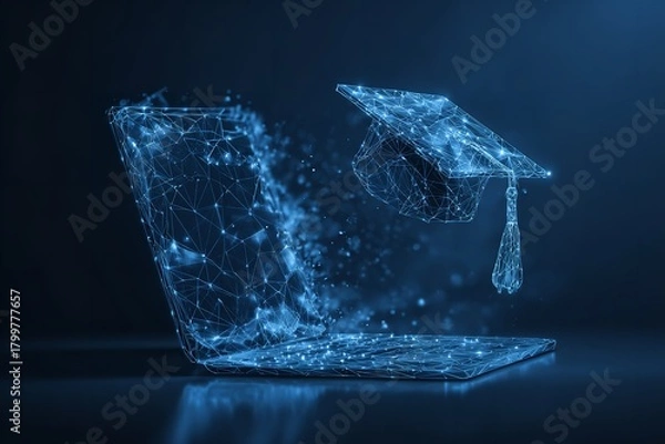 Obraz Digital laptop with graduation cap made of glowing blue lines representing online education and elearning in the modern world