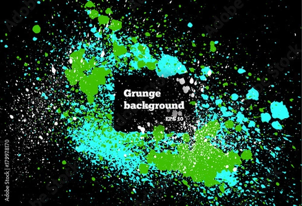 Fototapeta Green paint, ink splash, brushes ink droplets, blots. Dirty artistic design elements, boxes, frames. Grunge frame with space for your text or image. Template space for your text or image.