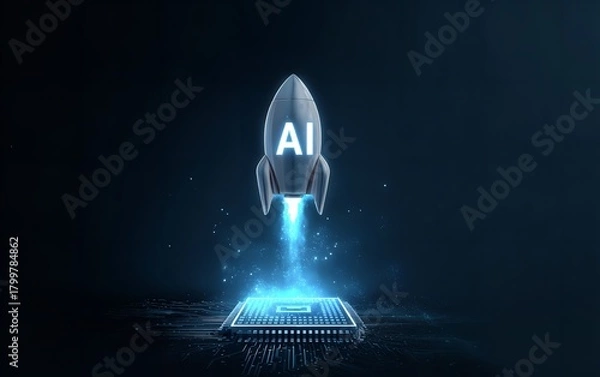 Obraz Aipowered rocket launching from a computer chip symbolizes technological advancement and the rapid growth of artificial intelligence