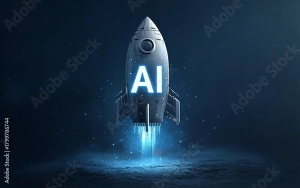 Obraz Futuristic rocket with ai glowing on its side takes off into the dark blue space background symbolizing artificial intelligence growth