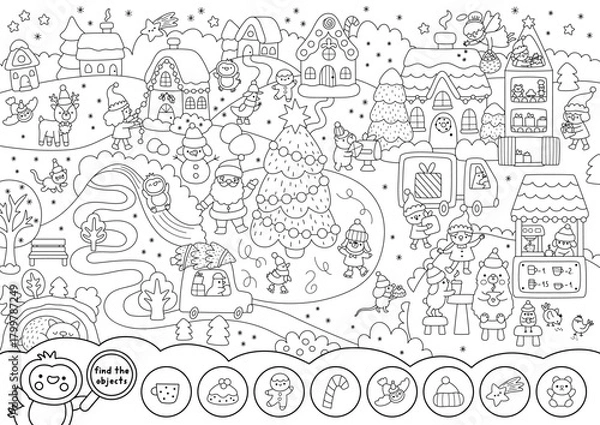 Obraz Vector black and white searching game with Christmas village landscape. New Year line seek and find activity, coloring page for kids. Winter holiday worksheet with tree, elf, animals, Santa Claus