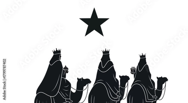 Fototapeta Epiphany illustration featuring three wise men silhouettes riding camels toward a shining star