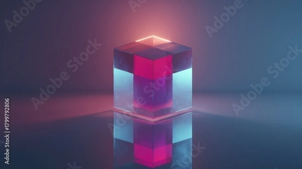 Fototapeta Glass cube illuminated by glowing red and blue neon light