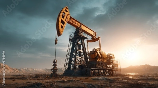 Obraz Oil pump jack extraction under a dramatic sky produces petroleum.