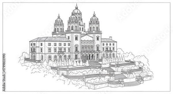 Fototapeta Elegant Palace Building Line Art Illustration
