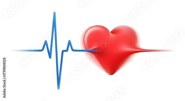 Fototapeta Red Heart with Blue EKG Line on White