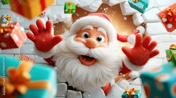 Fototapeta A cheerful cartoon Santa bursts through a snowy wall with gifts flying around him. His joyful expression, fluffy beard, and bright colors create a fun, energetic Christmas scene.