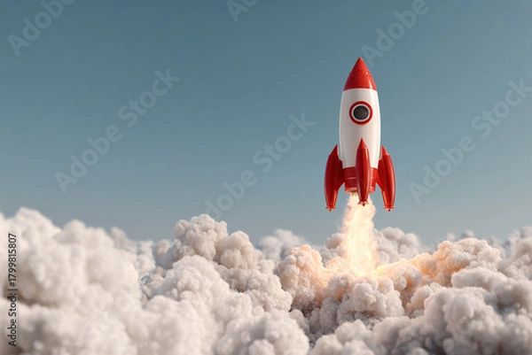 Obraz A red and white toy rocket takes off with a powerful fiery launch creating a massive cloud of white smoke against a clear blue sky This image represents new beginnings and progress