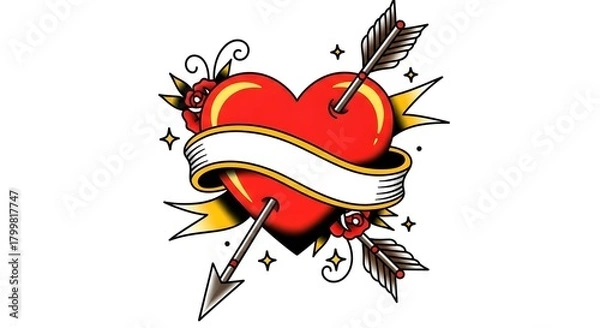 Obraz Traditional Tattoo Heart with Arrow and Banner