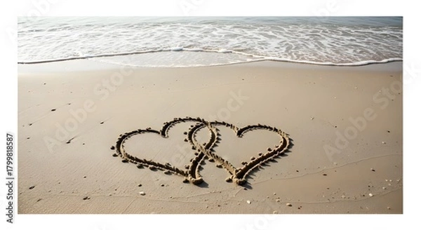 Obraz Two Hearts Drawn in Sand on a Beach