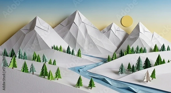 Fototapeta Origami Mountain Landscape with River and Trees: A Paper Crafted Tranquil Scene of Nature's Beauty and Artistic Elegance