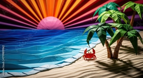 Fototapeta Origami beach landscape featuring a vibrant sunburst, turquoise sea, sandy shore, swaying palm trees and a curious crab, a paper