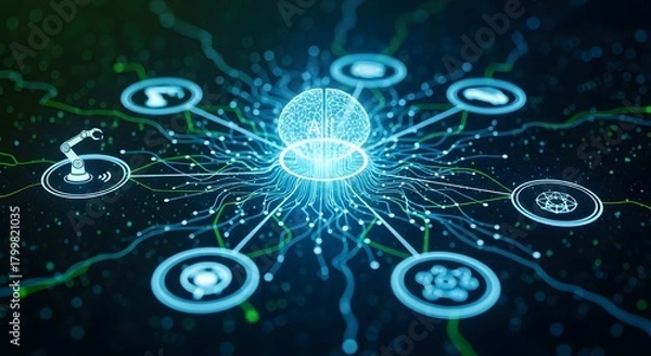 Fototapeta Artificial intelligence network concept illustration with connected digital icons