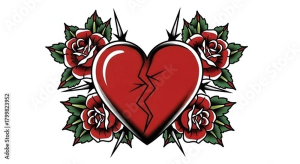 Obraz Broken Heart with Roses - Tattoo Style Illustration