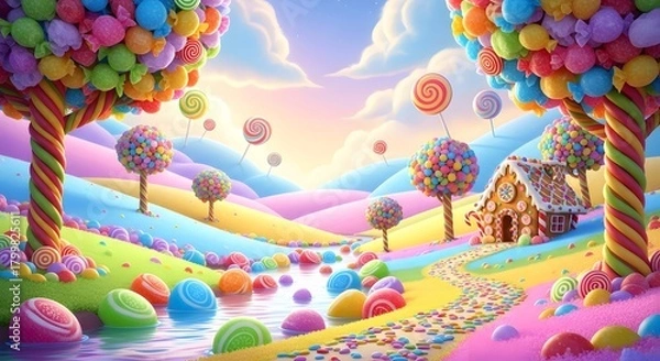 Fototapeta Fantasy candy land scene with colorful trees and a gingerbread house