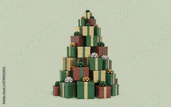 Fototapeta Festive christmas tree shape formed by stacked gift boxes with ornaments on a soft green background