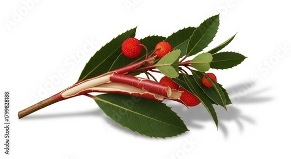 Fototapeta A sprig of a plant with green leaves, red berries, and peeling reddish-brown stems on a white background.