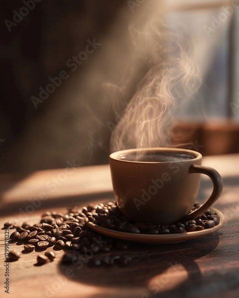 Fototapeta Filiżanka gorącej kawy o poranku