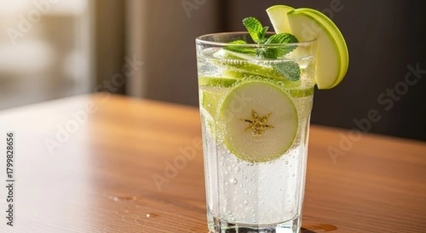 Obraz Refreshing green apple and mint sparkling drink in a tall glass on a wooden table.