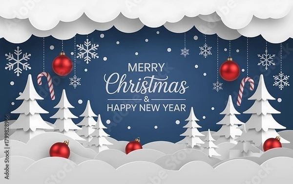 Fototapeta Whimsical winter wonderland scene with merry christmas and happy new year greetings