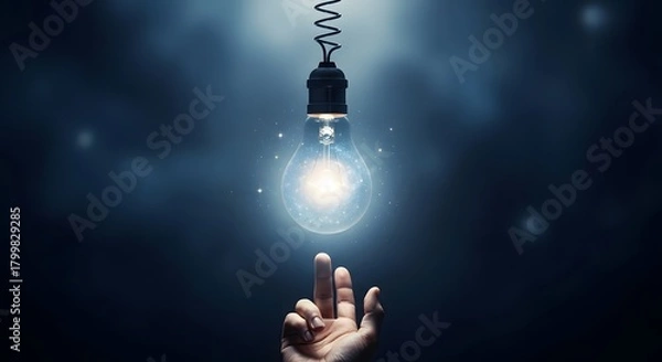 Fototapeta Glowing lightbulb above reaching hand conceptual idea innovation inspiration