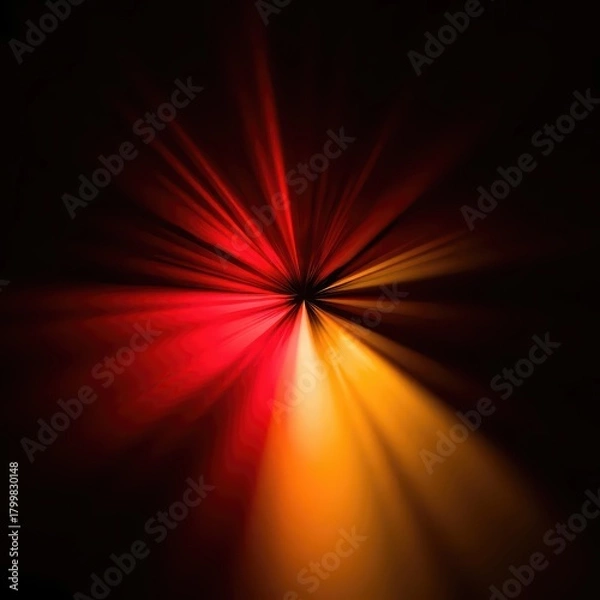 Fototapeta Abstract radial light burst in warm red, orange, and yellow tones on a dark background, creating a dynamic and energetic visual.