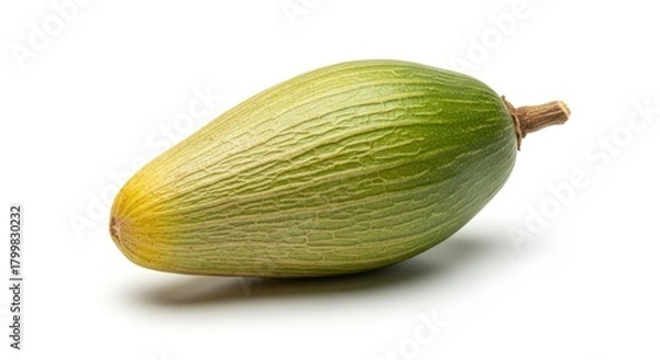 Fototapeta A single green and yellow elongated fruit or seed pod with a ribbed texture on a white background.