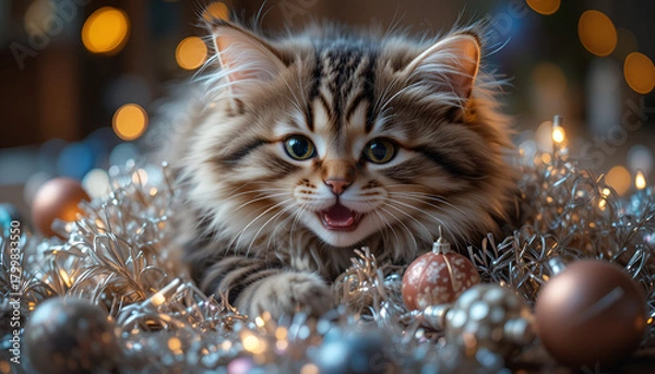 Fototapeta Playful Christmas Cat Tangled in Ornaments and Tinsel – Festive Holiday Scene