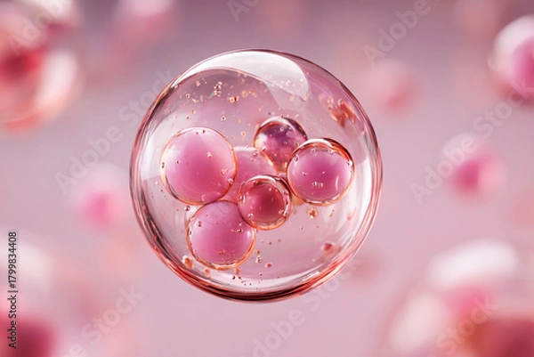 Obraz Pink and magenta spheres within a clear droplet against a soft blurred background creating a scientific cosmetic aesthetic
